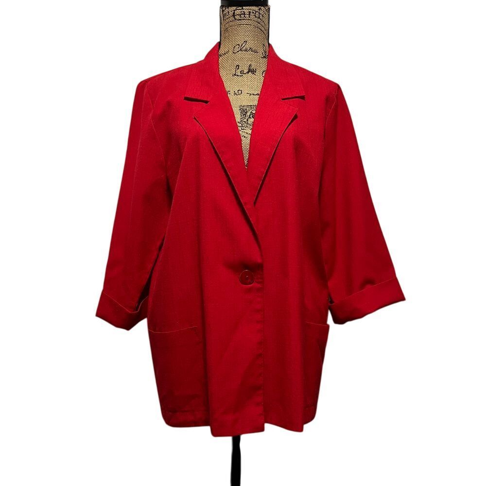 Alice Stuart Red Linen Blazer Oversized‎ Long Jacket Professional Office Wear